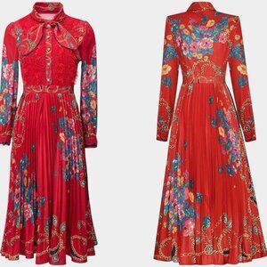 Luxury Elegant Midi Dress Red Red Floral & Chain Print SZ S M Tall Pleated Skirt